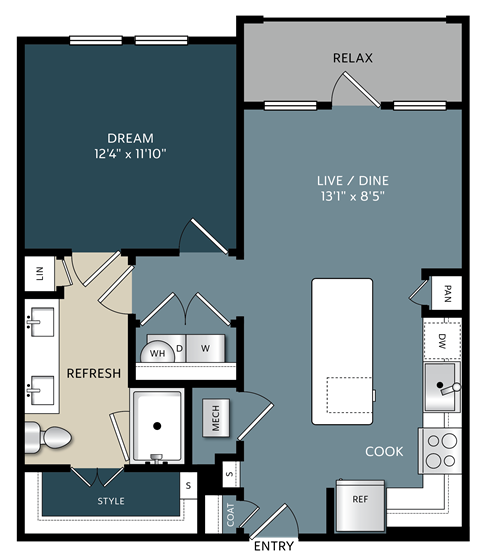 A floor plan of a house with labeled rooms such as RELAX, DREAM, LIVE/DINE, REFRESH, COOK, STYLE, and ENTRY.